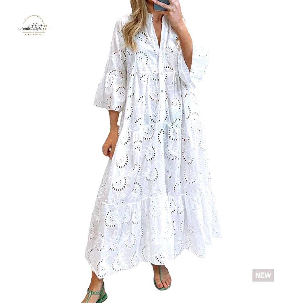 Cotton Eyelet Maxi Dress, V-Neck Bell Sleeve, Loose Fit Summer Swing Dress